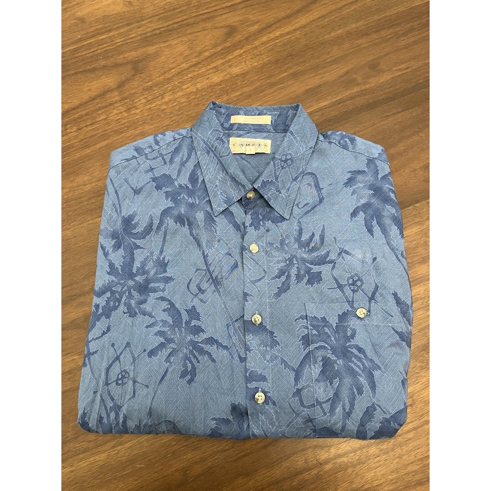 Campia Hawaiian Shirt Mens XL Blue Button Down Shorts Sleeve Palm Tree Beach